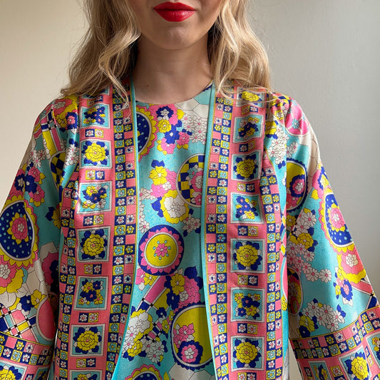 1960s Blue and Pink Psychedelic Print Maxi Dress (M/L)