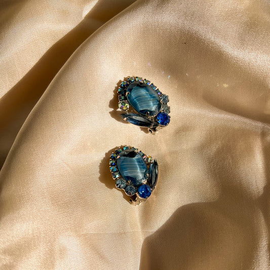 1960s Blue Rhinestone Clip-On Earrings