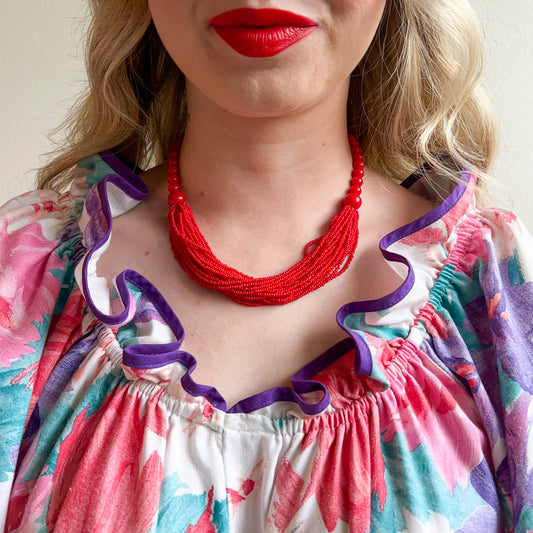 1960s Bright Red Beads on Beads Necklace
