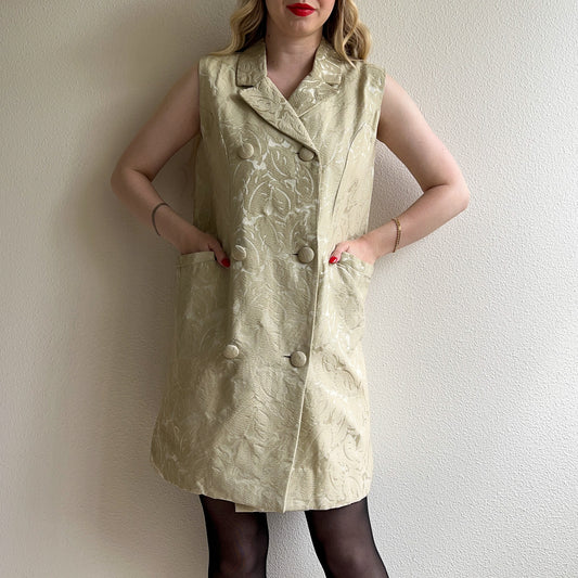 1960s Soft Green Brocade Double-Breasted Dress (M)