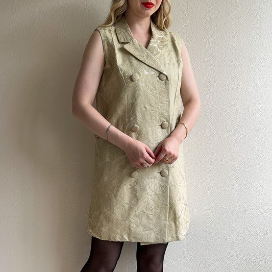1960s Soft Green Brocade Double-Breasted Dress (M)
