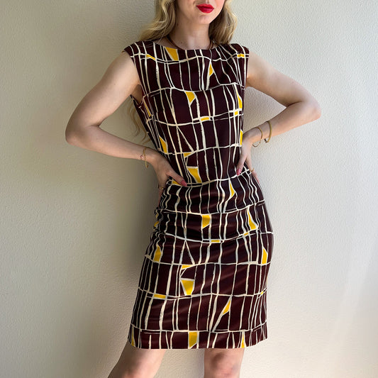 1960s Brown and Yellow Abstract Print Jersey Shift Dress (S/M)