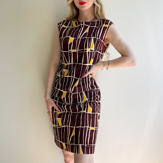 1960s Brown and Yellow Abstract Print Jersey Shift Dress (S/M)