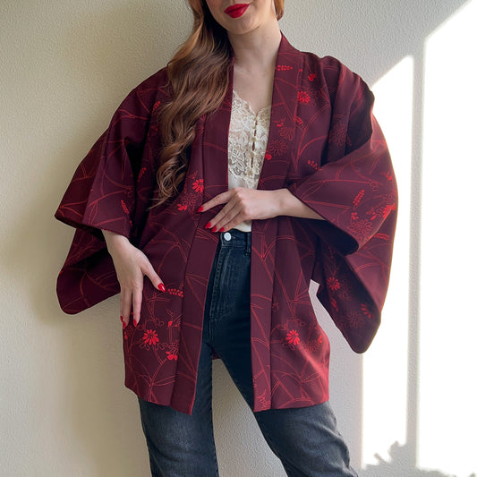 1960s Burgundy and Red Floral Silk Kimono (M/L)