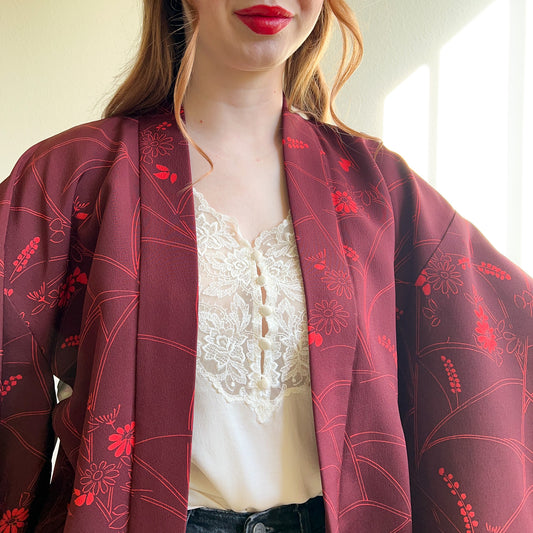 1960s Burgundy and Red Floral Silk Kimono (M/L)
