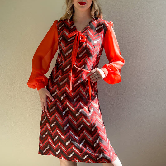 1960s Chevron Party Dress With Sheer Sleeves (M)