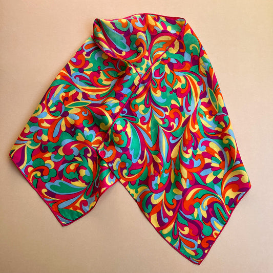 Vibrant 1960s Colorful Psychedelic Print Silk Scarf
