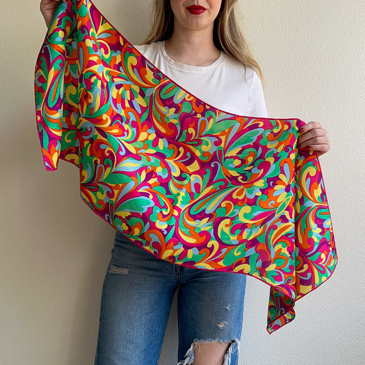 Vibrant 1960s Colorful Psychedelic Print Silk Scarf