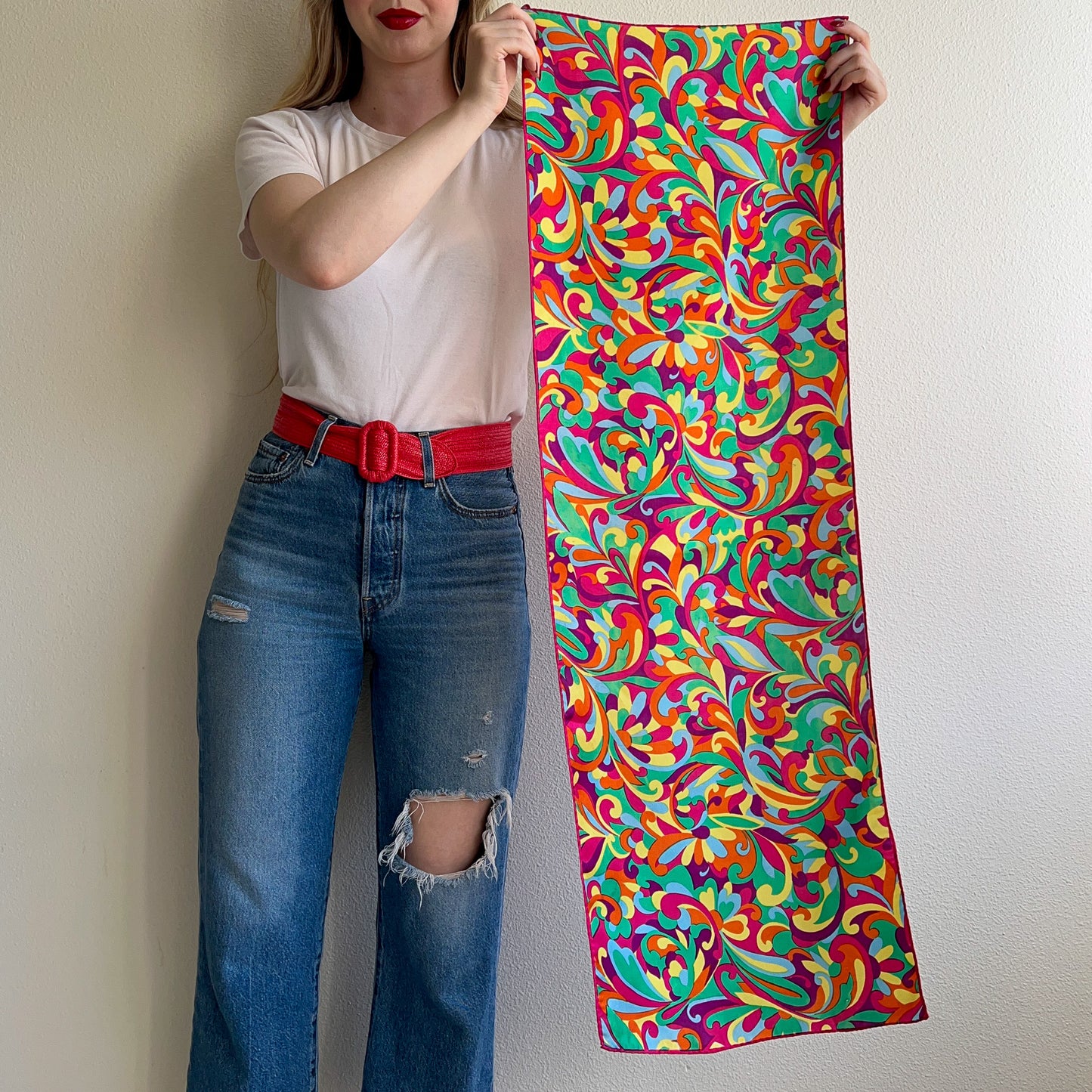 Vibrant 1960s Colorful Psychedelic Print Silk Scarf