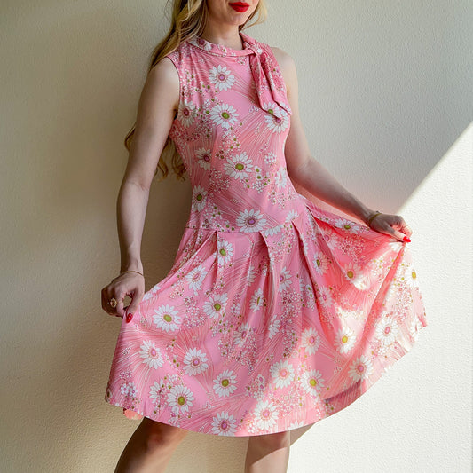 1960s Daisy Print Pretty in Pink Dress (S/M)
