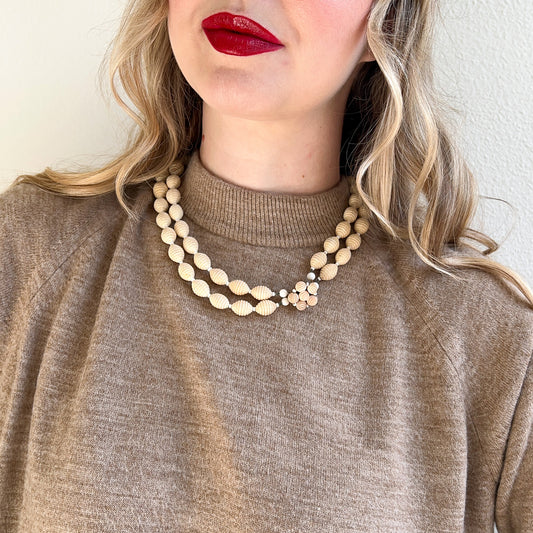 1960s Double-Strand Etched Cream Beaded Necklace