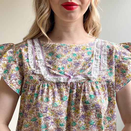 1960s Purple and Blue Floral Print Babydoll Dress (S/M)