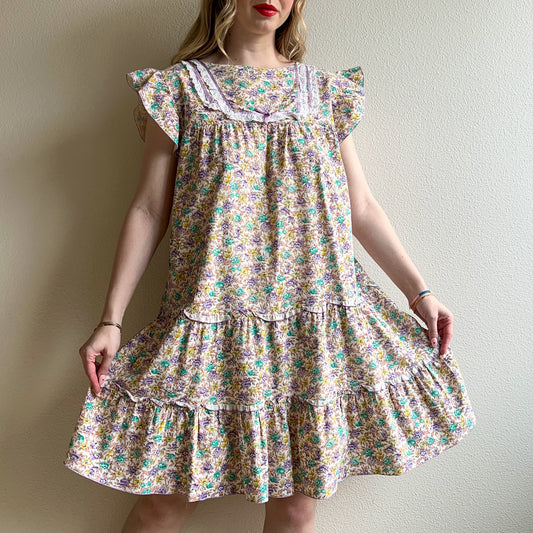 1960s Purple and Blue Floral Print Babydoll Dress (S/M)