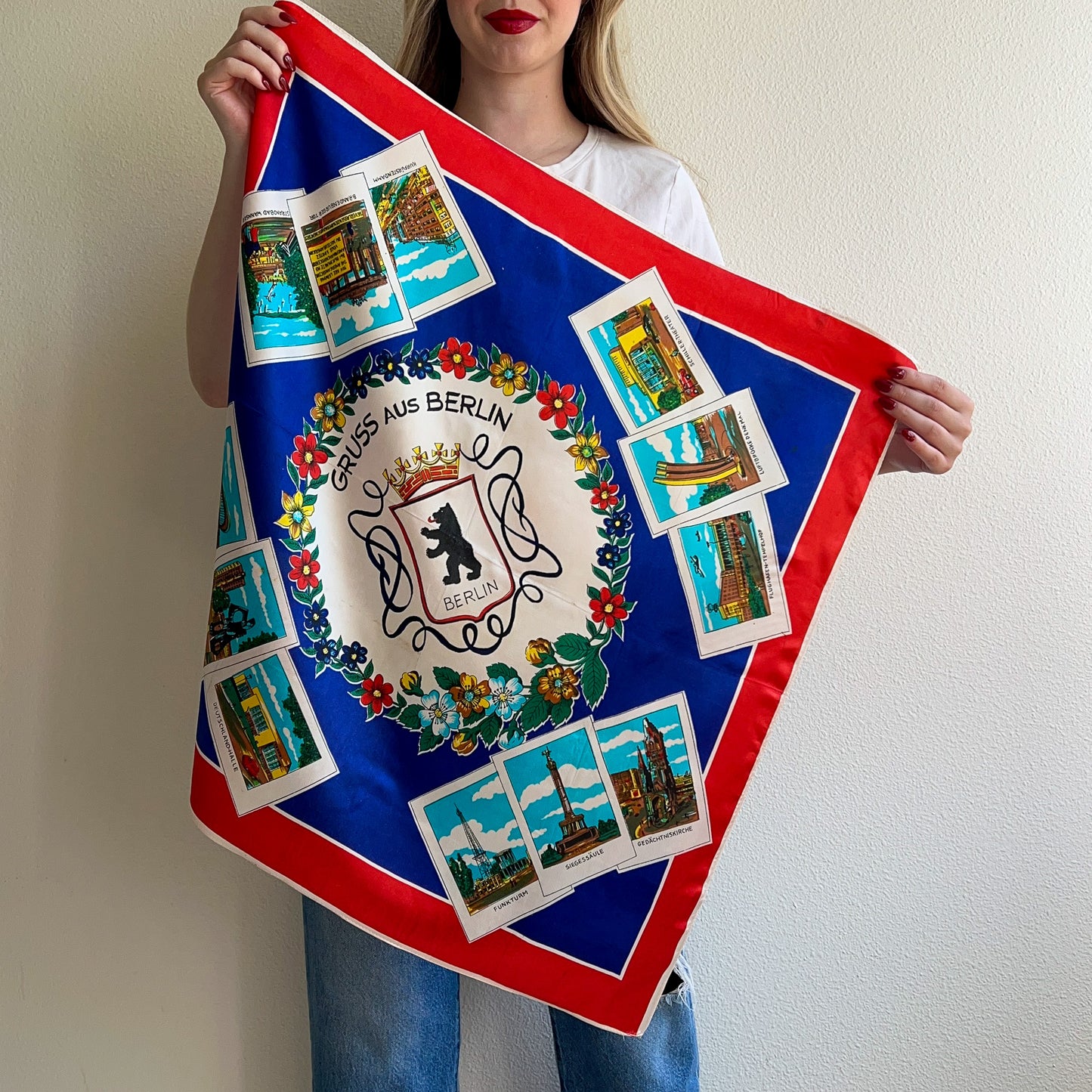 1960s Berlin, Germany Blue and Red Souvenir Scarf