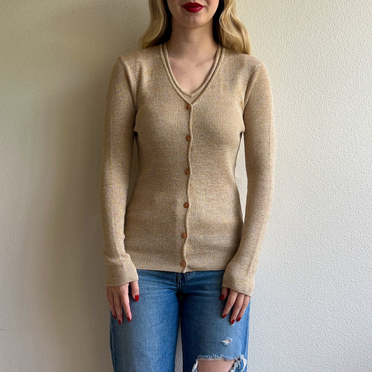 1960s Shimmering Gold Knitted Top and Cardigan Set (S/M)