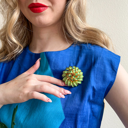 1960s Green and Gold Abstract Flower Brooch