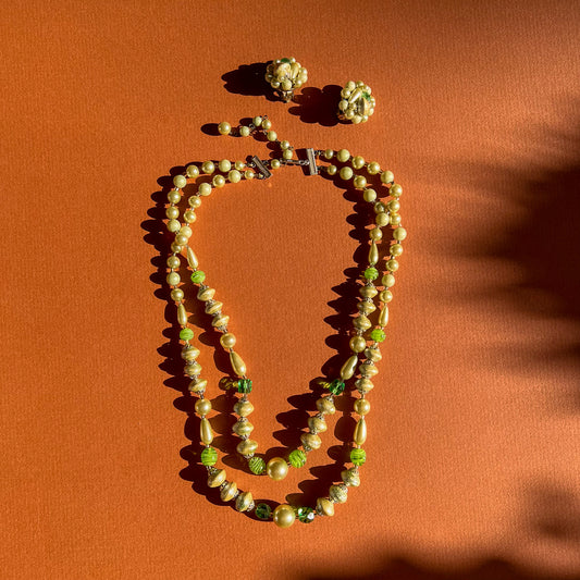 1960s Pearlescent Green Beaded Necklace and Earrings