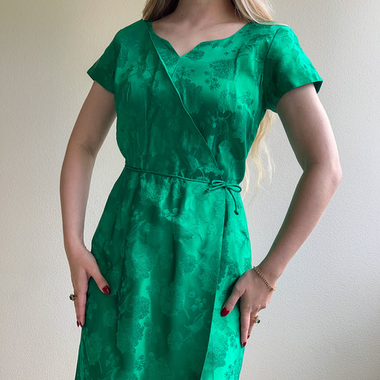 1960s Green Floral Silk Brocade Cocktail Dress (L)