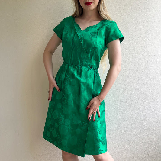1960s Green Floral Silk Brocade Cocktail Dress (L)