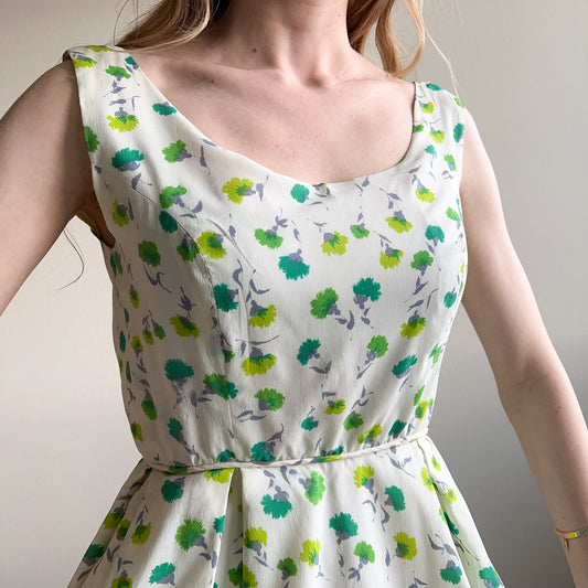 1960s Dainty Green Flowers Summer Dress (S)