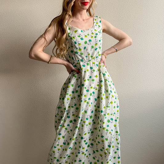 1960s Dainty Green Flowers Summer Dress (S)