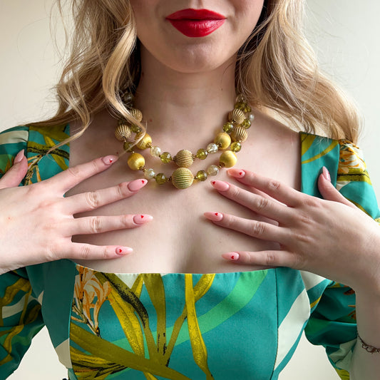1960s Double-Strand Green and Gold Beaded Necklace
