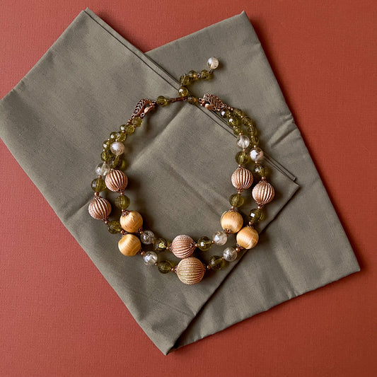 1960s Double-Strand Green and Gold Beaded Necklace