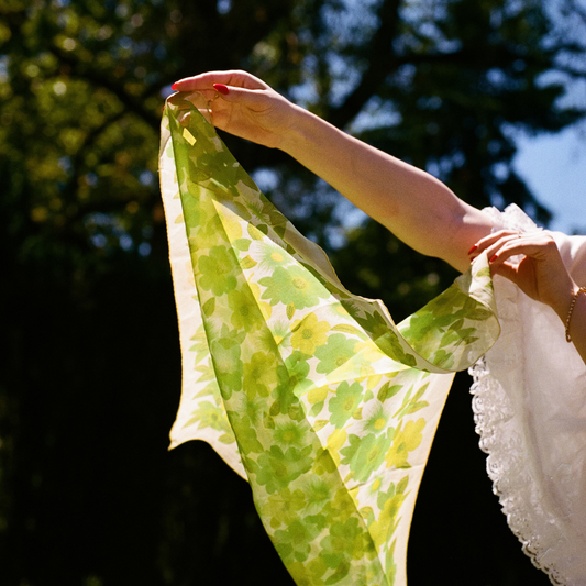 1960s Shades of Green Floral Chiffon Scarf