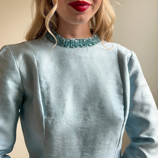 1960s Icy Blue Long Sleeve Silk Party Dress (M/L)