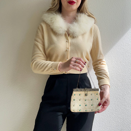 1940s Indian Ivory Handbag With Turquoise Beads