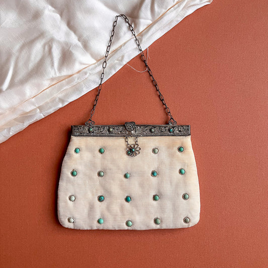 1940s Indian Ivory Handbag With Turquoise Beads