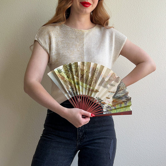 1960s Shanshui Landscape Folding Fan With Cherry Wood