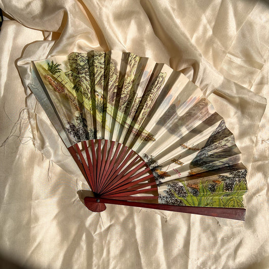 1960s Shanshui Landscape Folding Fan With Cherry Wood