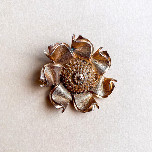 1960s Large Gold Etched Flower Brooch