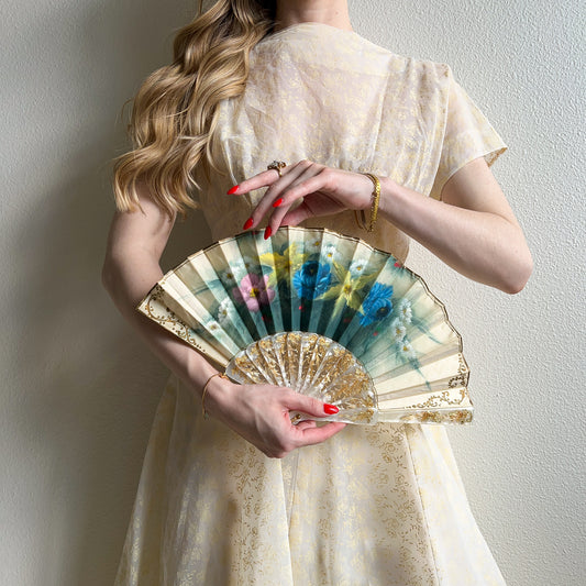 1960s Mother of Pearl Fan With Hand Painted Flowers
