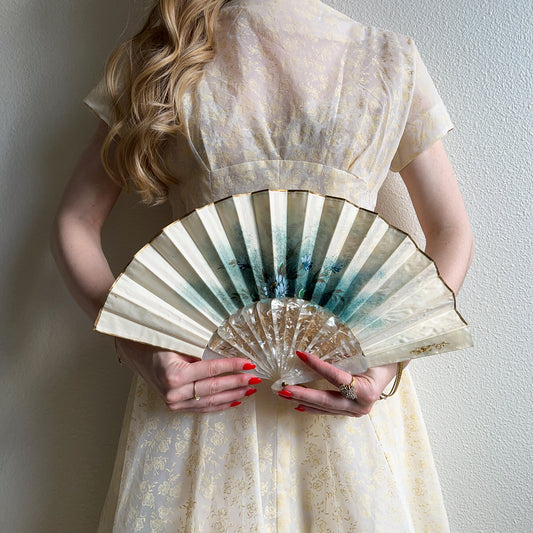1960s Mother of Pearl Fan With Hand Painted Flowers