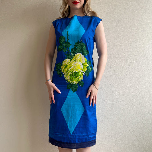 1960s Navy Shift Dress With Large Yellow Rose (S)