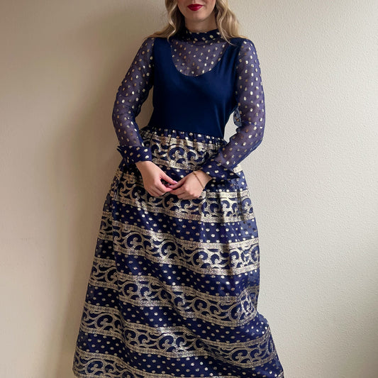 Stunning 1960s Navy Maxi Dress With Silver Pattern (M)