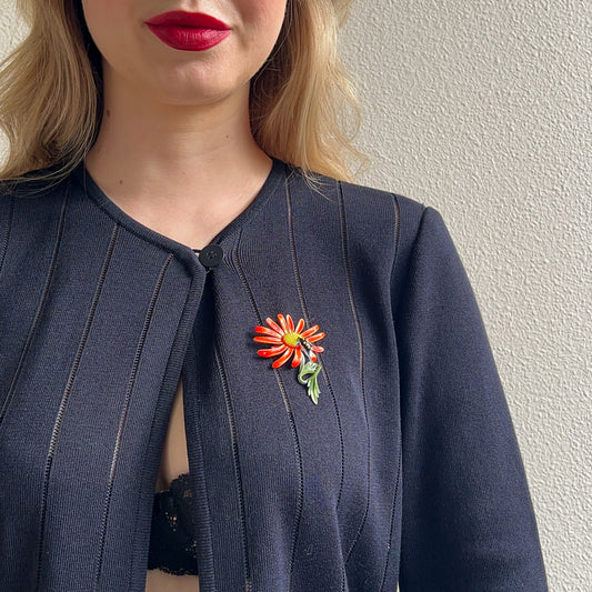 1960s Orange Daisy Brooch With Ladybug