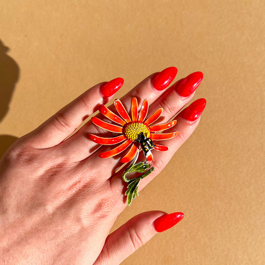 1960s Orange Daisy Brooch With Ladybug