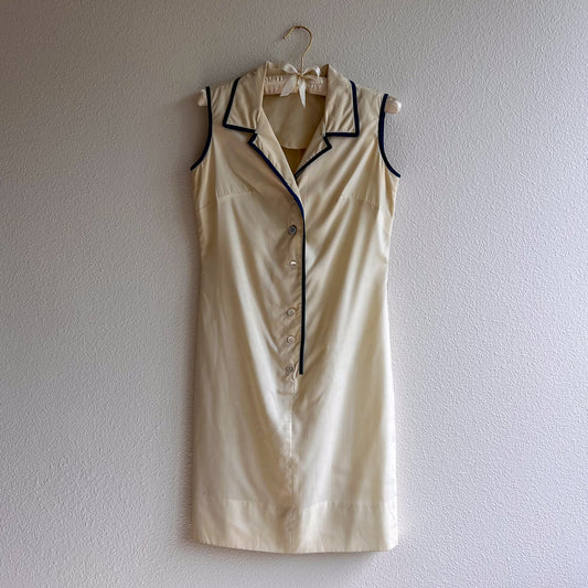 1960s Palest Yellow Buttoned Dress With Blue Trim (S)