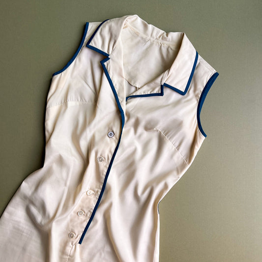 1960s Palest Yellow Buttoned Dress With Blue Trim (S)