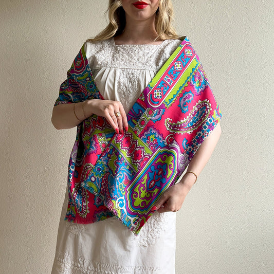 1960s Bright Pink, Green, and Blue Psychedelic Print Scarf