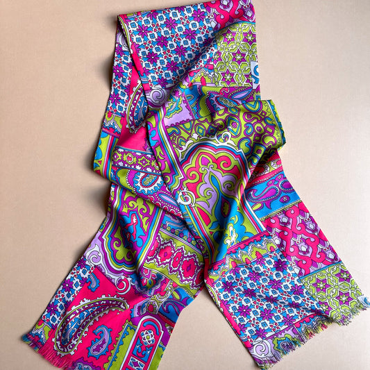 1960s Bright Pink, Green, and Blue Psychedelic Print Scarf