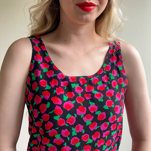 Vibrant 1960s Pink Rosebuds Silk Tank Top (S/M)