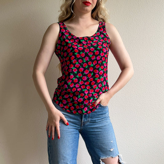 Vibrant 1960s Pink Rosebuds Silk Tank Top (S/M)