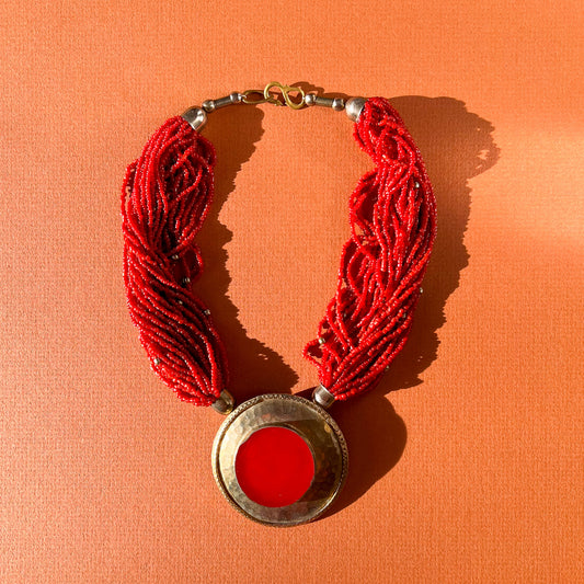 1960s Red Beaded Choker Necklace With Large Pendant