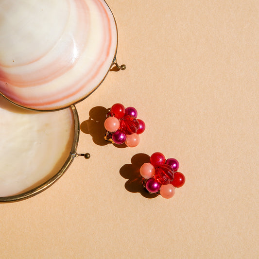 1960s Red and Pink Beaded Clip-On Earrings