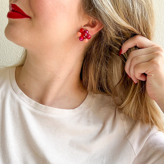 1960s Red and Pink Beaded Clip-On Earrings