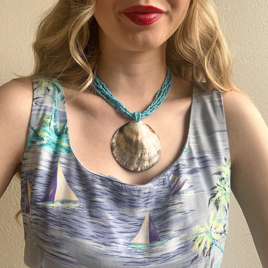 1960s Turquoise Beaded Necklace With Mother of Pearl Shell